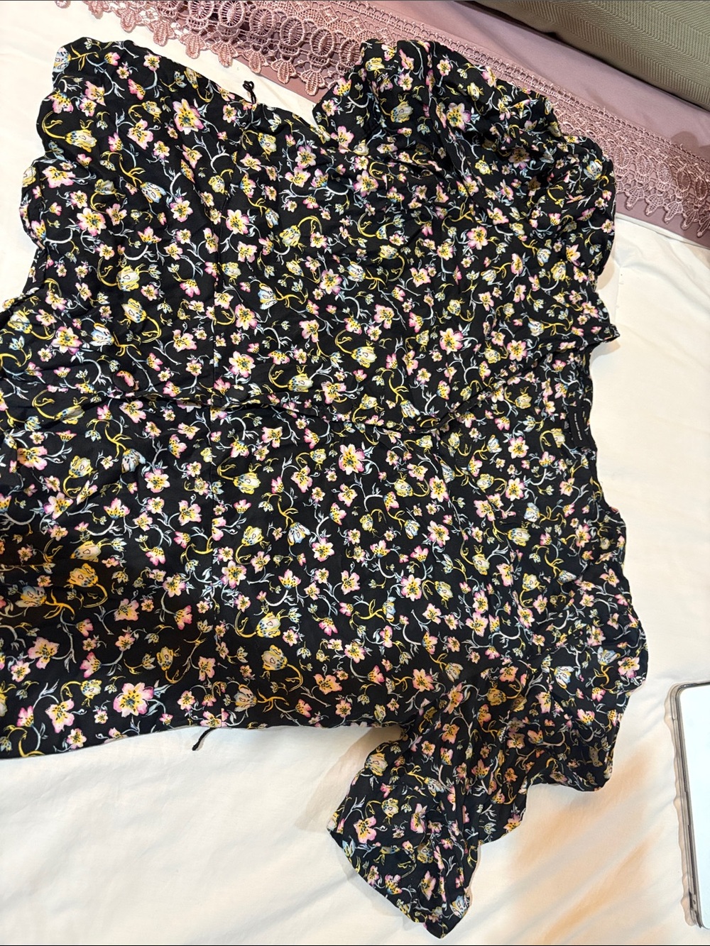 Who What Wear Black Floral Ruffle Blouse - Pink & Yellow Flowers
